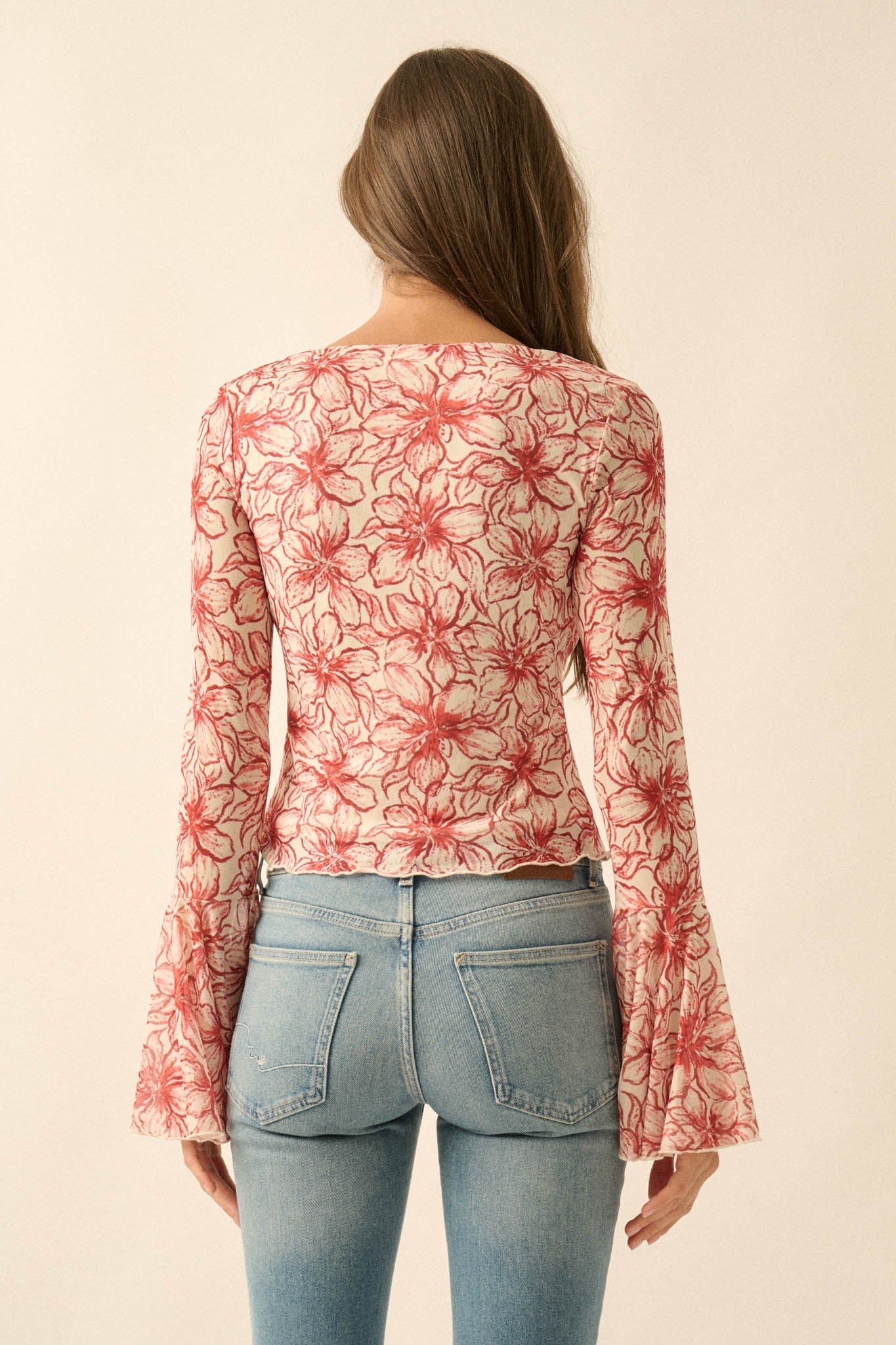 Wild Lilies Floral Mesh Tie-Front Bell-Sleeve Top