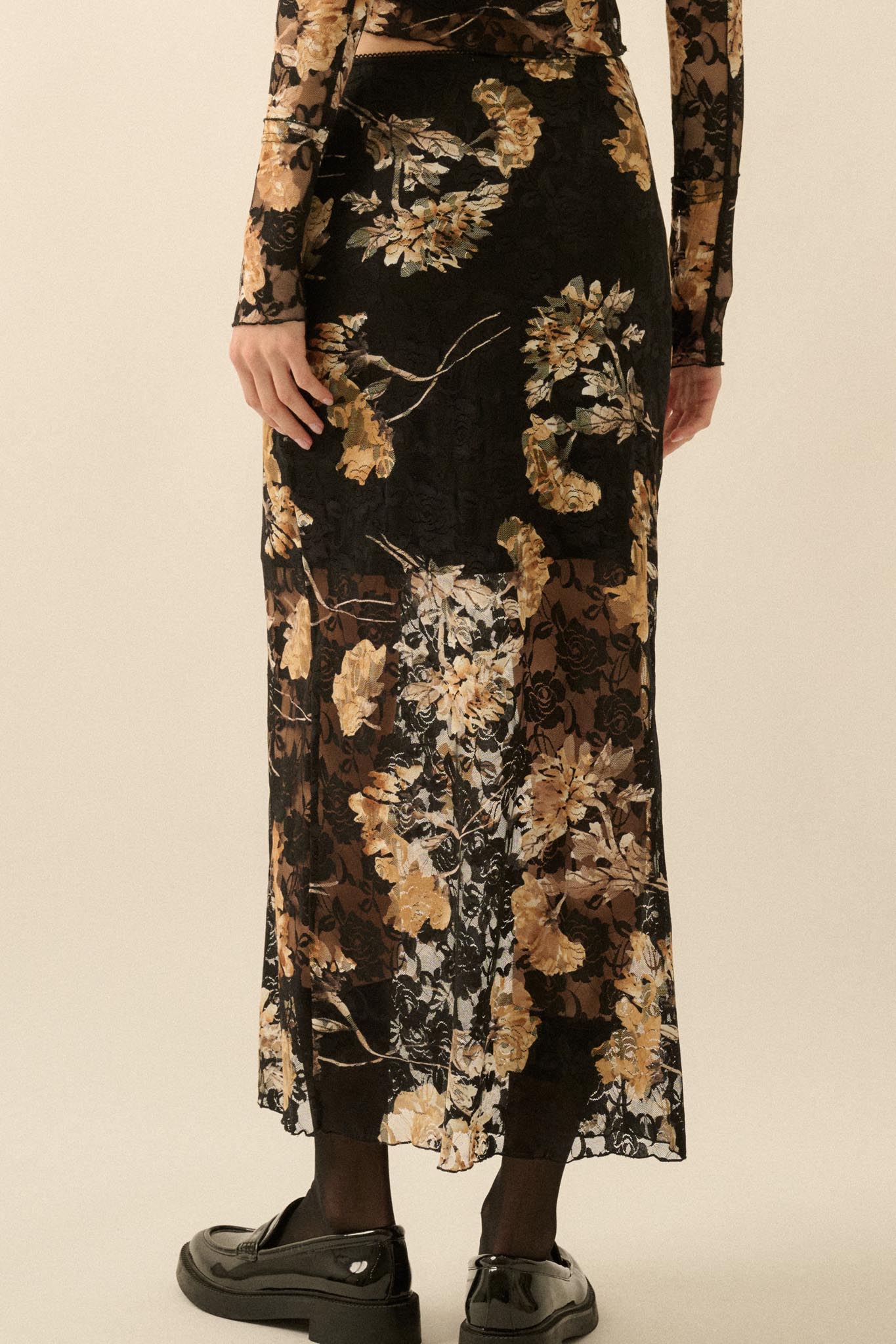 Wistful Blossoms Printed Floral Lace Maxi Skirt