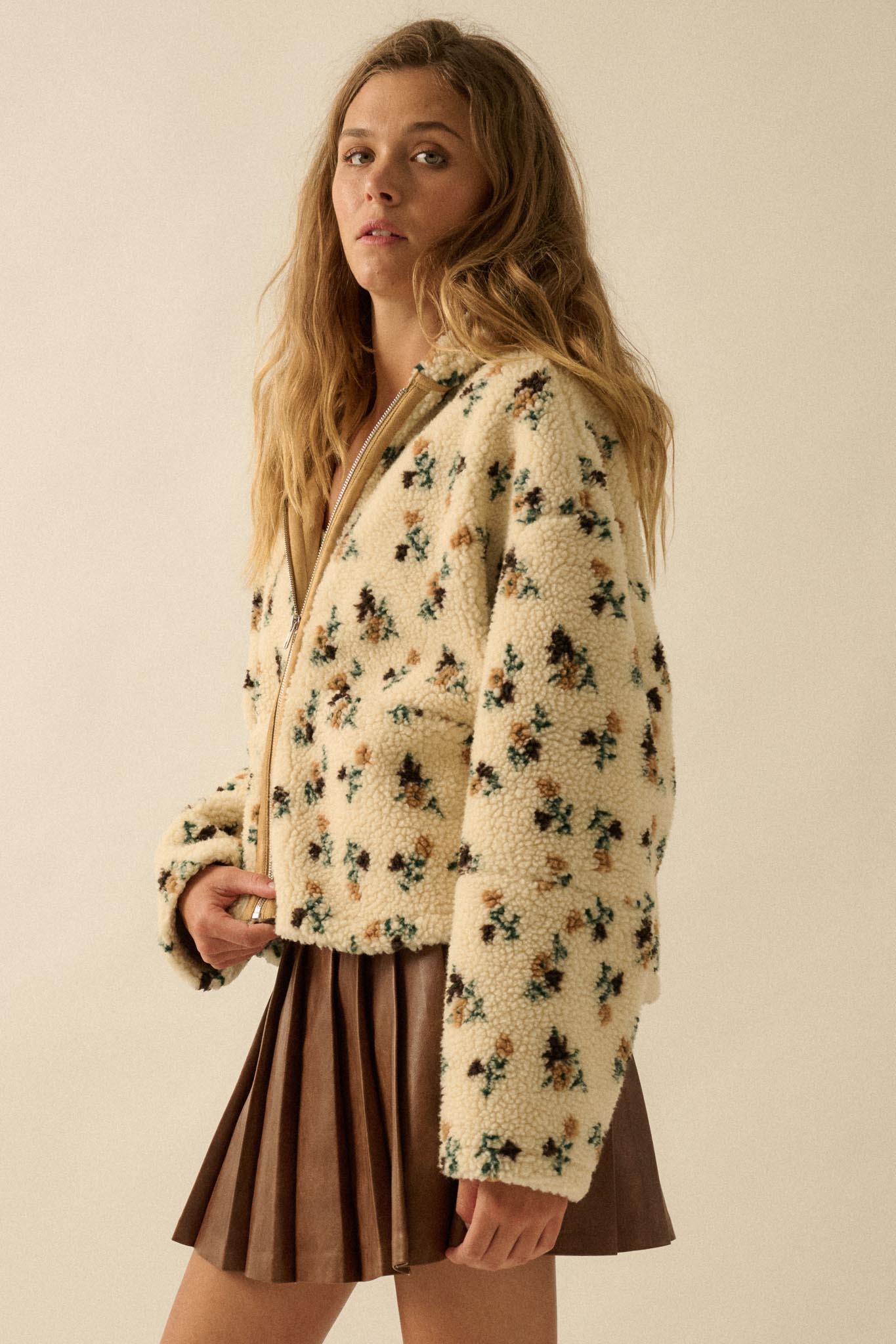 Winter Blossoms Floral Fleece Hooded Jacket