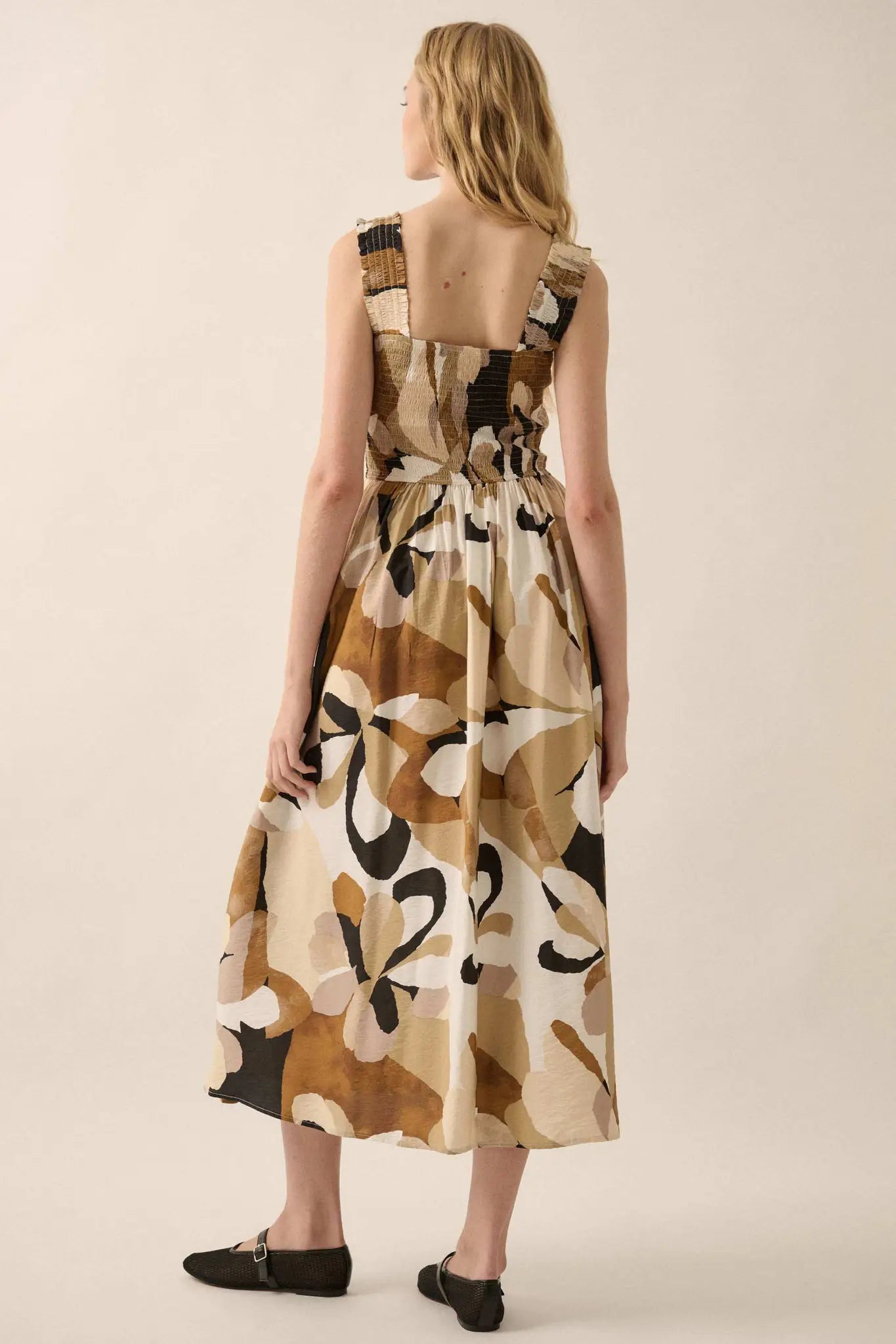 Tawny Blossoms Floral Smocked Midi Dress