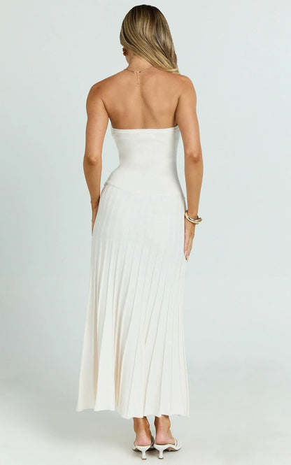 Paris Midi Dress - Strapless Drop Waist Pleated Knit Dress in White