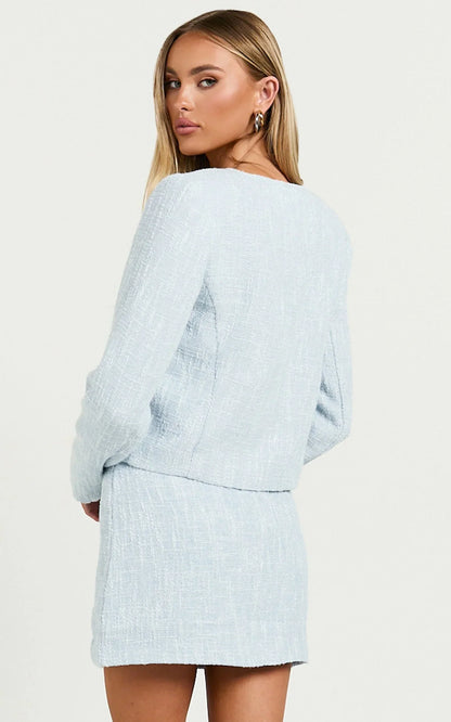 Olympia Mini Skirt - High Waisted A Line Boucle Skirt in Pale Blue