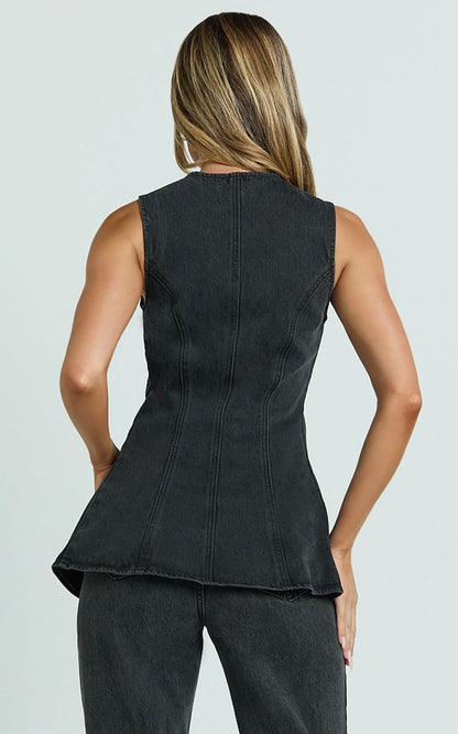 Rhianna Top - Button Down Longline Recycled Denim Vest Top in Black