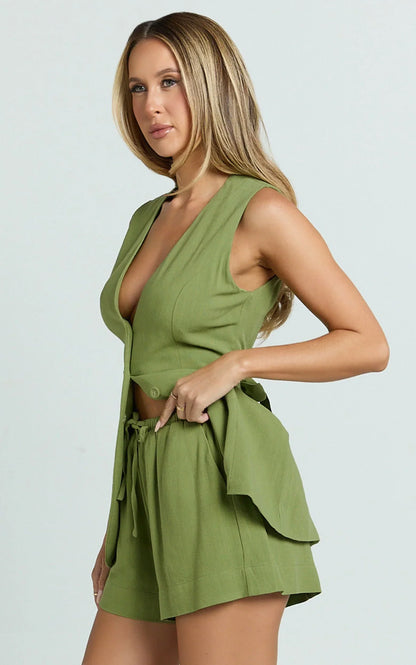 Olivia Shorts - Drawstring Relaxed Linen Shorts in Sage