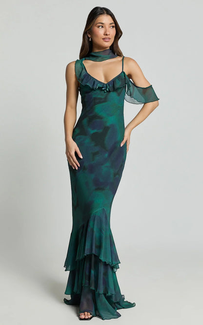 Riley Maxi Dress - Asymmetric Ruffle Detail Maxi Dress in Moss Adeana