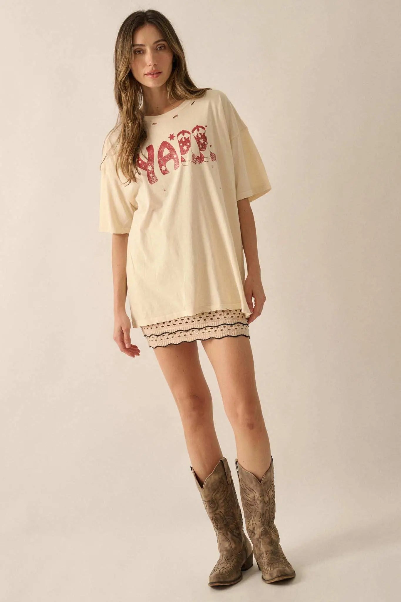 Y'all Cowboy Boots Oversize Distressed Graphic Tee