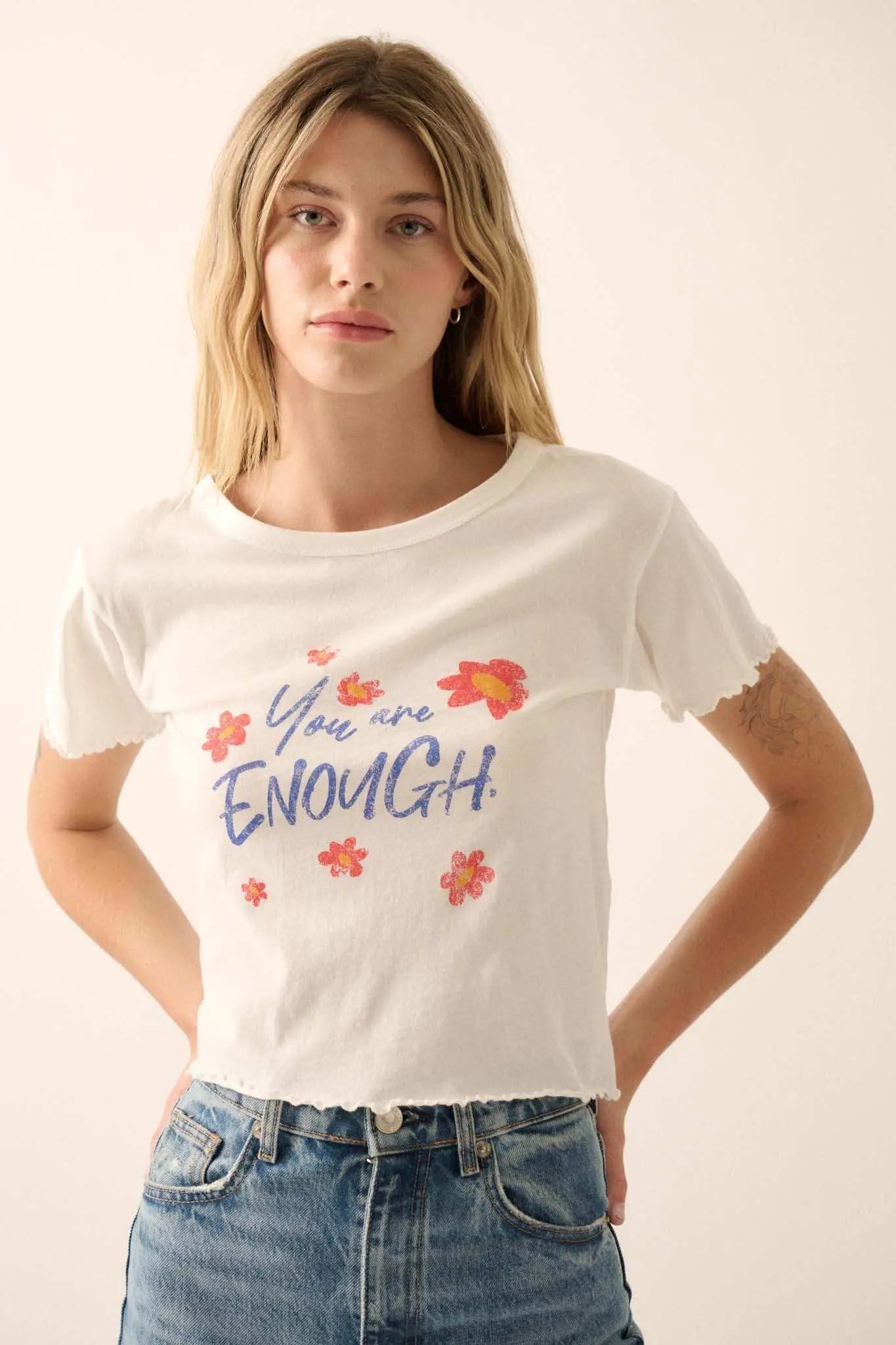 You Are Enough Floral Cropped Graphic Baby Tee