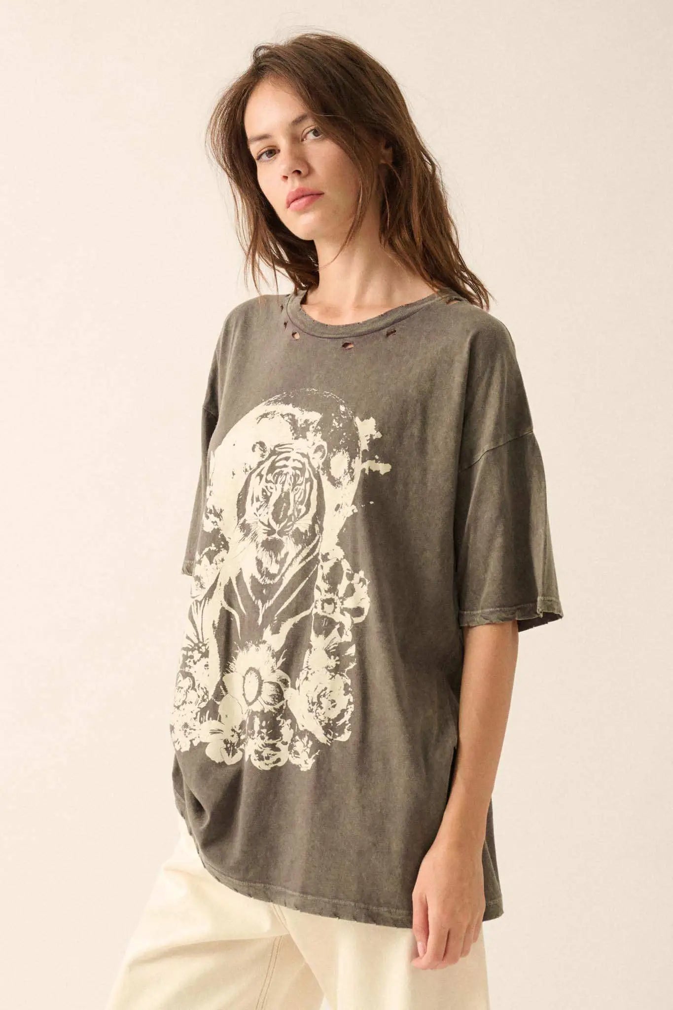 Tiger Moon Oversized Distressed Graphic Tee