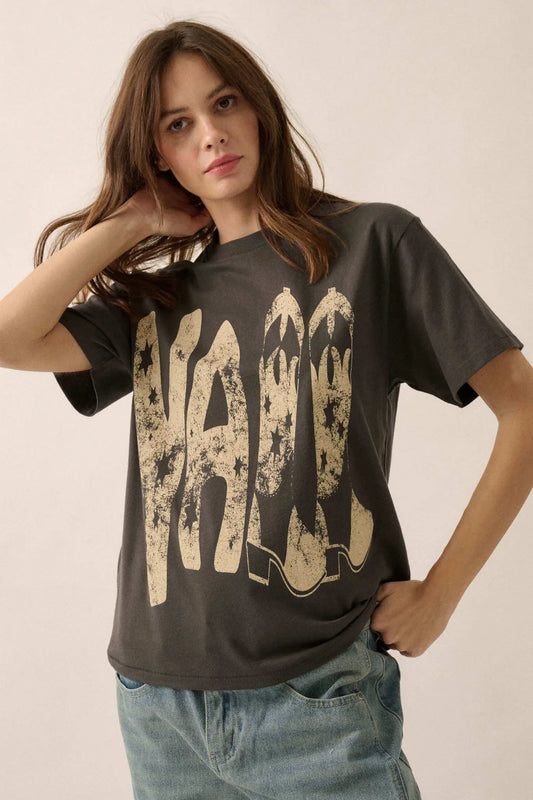 Y'All Cowboy Boots Vintage-Print Graphic Tee