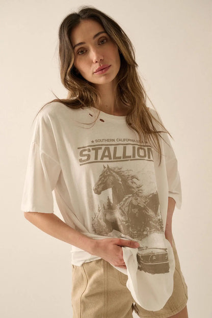 Stallion Muscle Car Distressed Oversize Graphic Tee