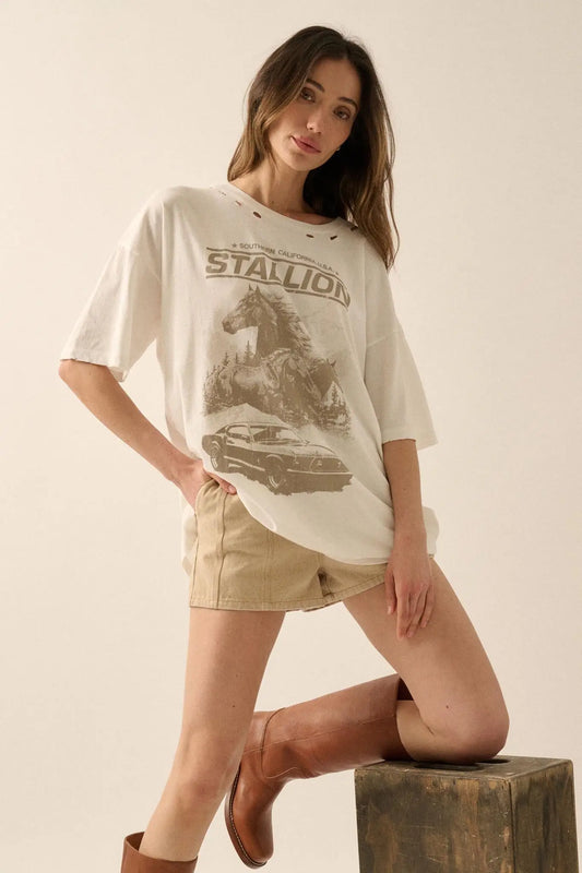 Stallion Muscle Car Distressed Oversize Graphic Tee
