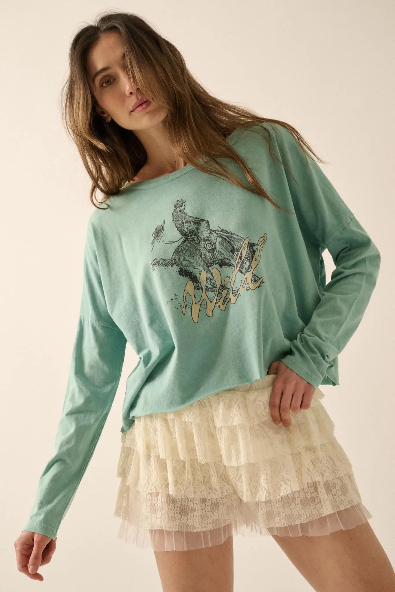 Wild Bronco Cropped Long-Sleeve Graphic Tee