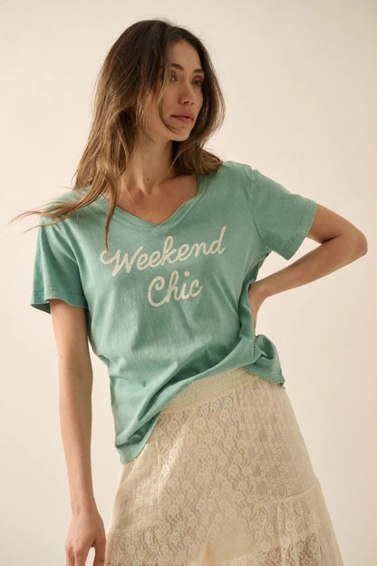 Weekend Chic Vintage-Wash V-Neck Graphic Tee