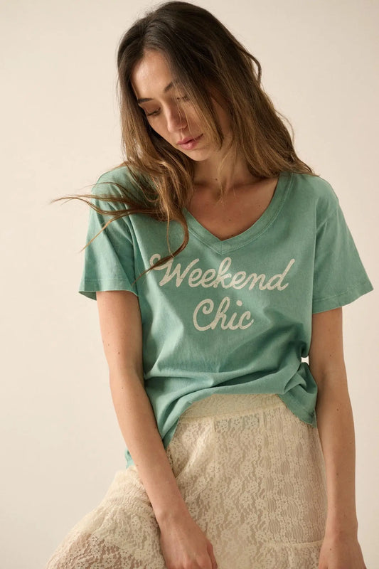 Weekend Chic Vintage-Wash V-Neck Graphic Tee