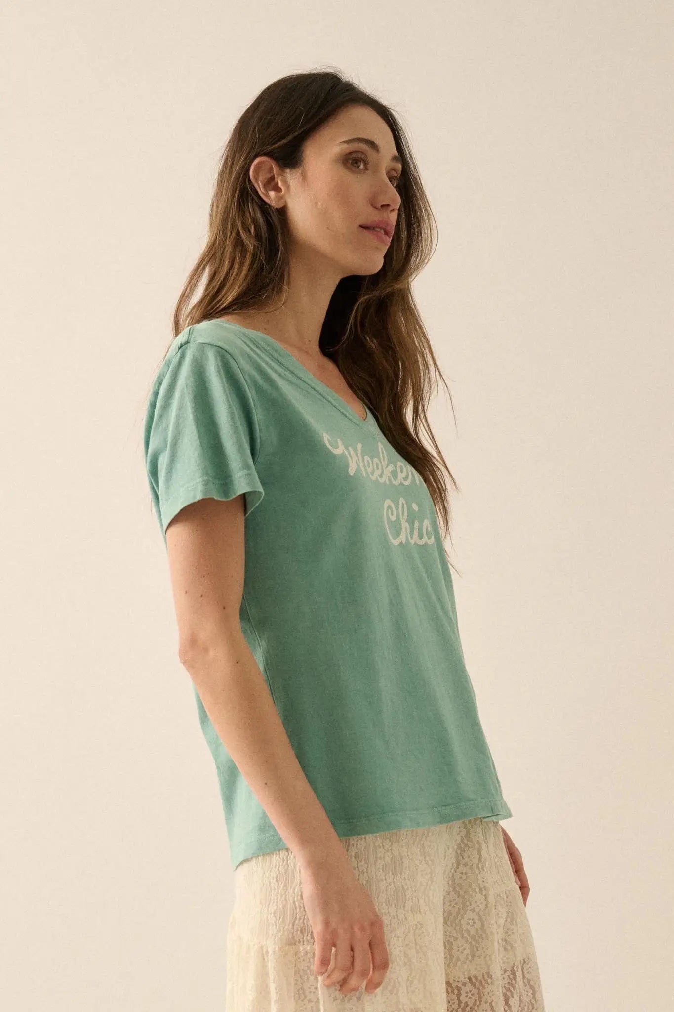 Weekend Chic Vintage-Wash V-Neck Graphic Tee