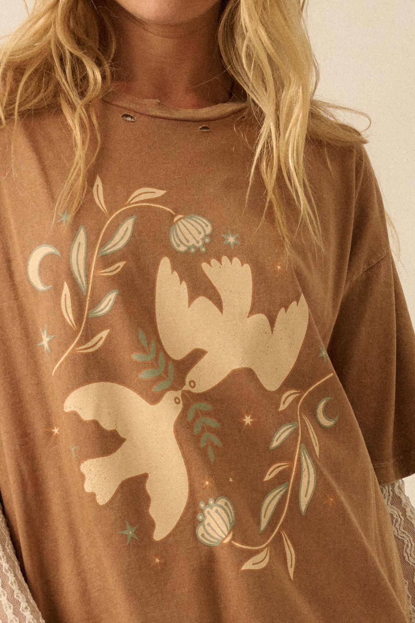 Wings of Peace Distressed Oversize Graphic Tee