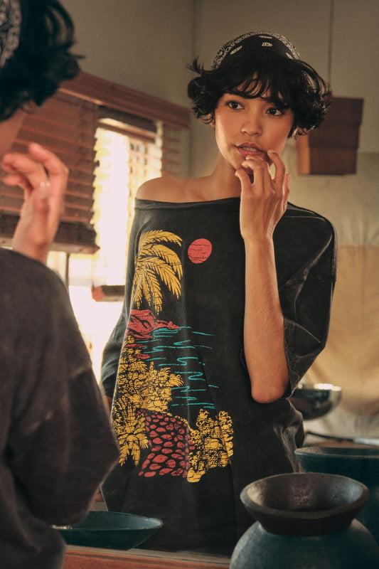 Tropical Shore Vintage-Wash Oversize Graphic Tee