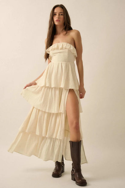 Tiers in Heaven Strapless Tiered Ruffle Maxi Dress