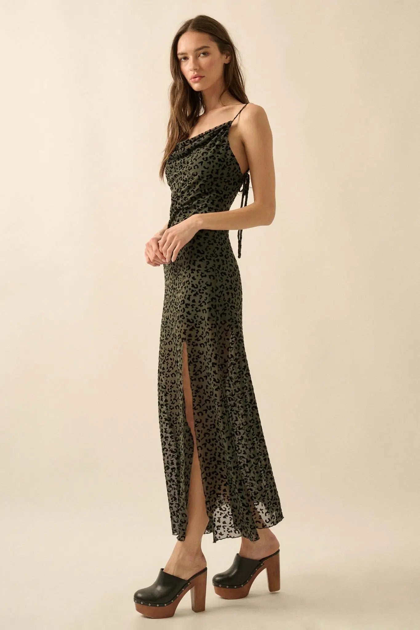 Wild Romance Leopard Mesh Cowl-Neck Maxi Dress