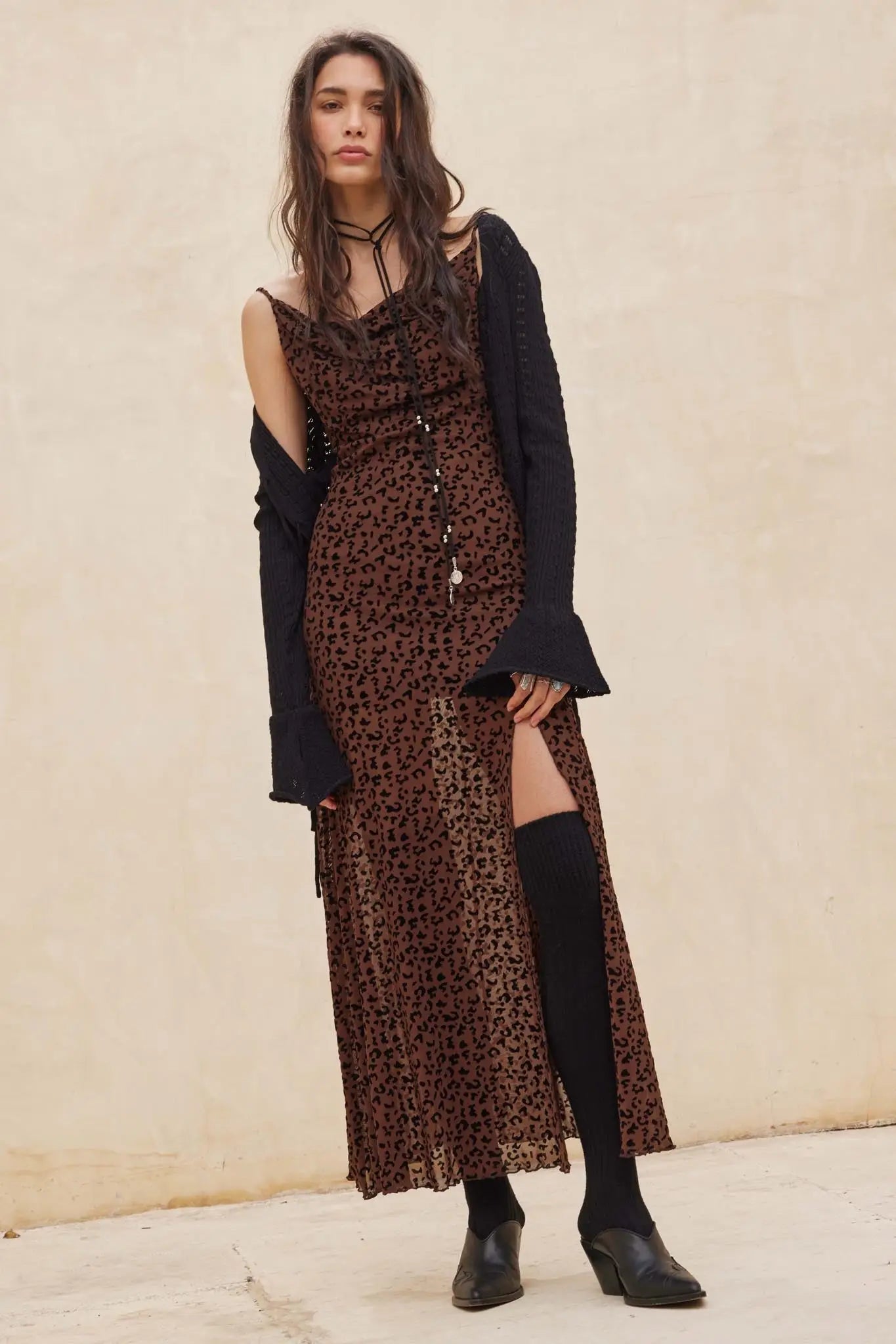 Wild Romance Leopard Mesh Cowl-Neck Maxi Dress