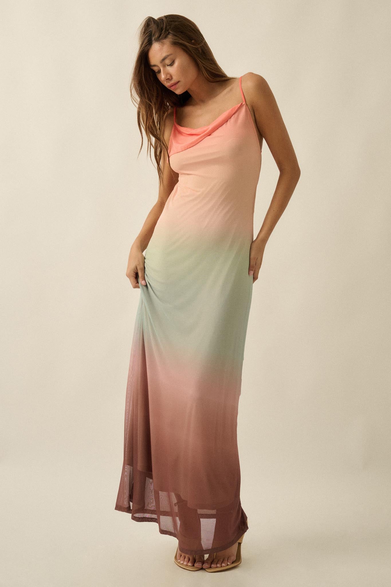 Sunset Symphony Ombre Mesh Cowl-Neck Maxi Dress