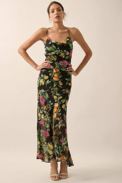 Sweet Succulence Fruit-Print Open-Back Maxi Dress