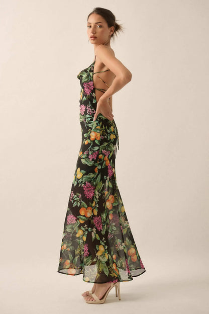 Sweet Succulence Fruit-Print Open-Back Maxi Dress