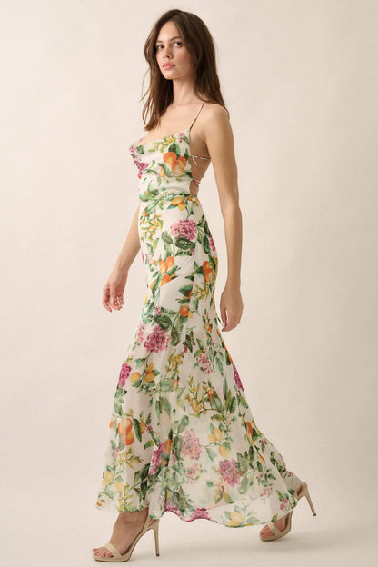 Sweet Succulence Fruit-Print Open-Back Maxi Dress