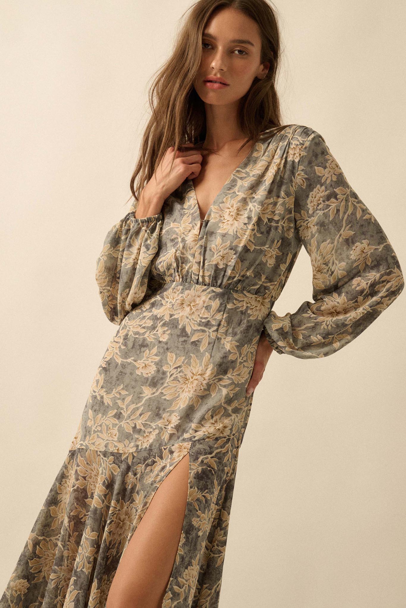 Treasured Beauty Floral Chiffon V-Neck Maxi Dress