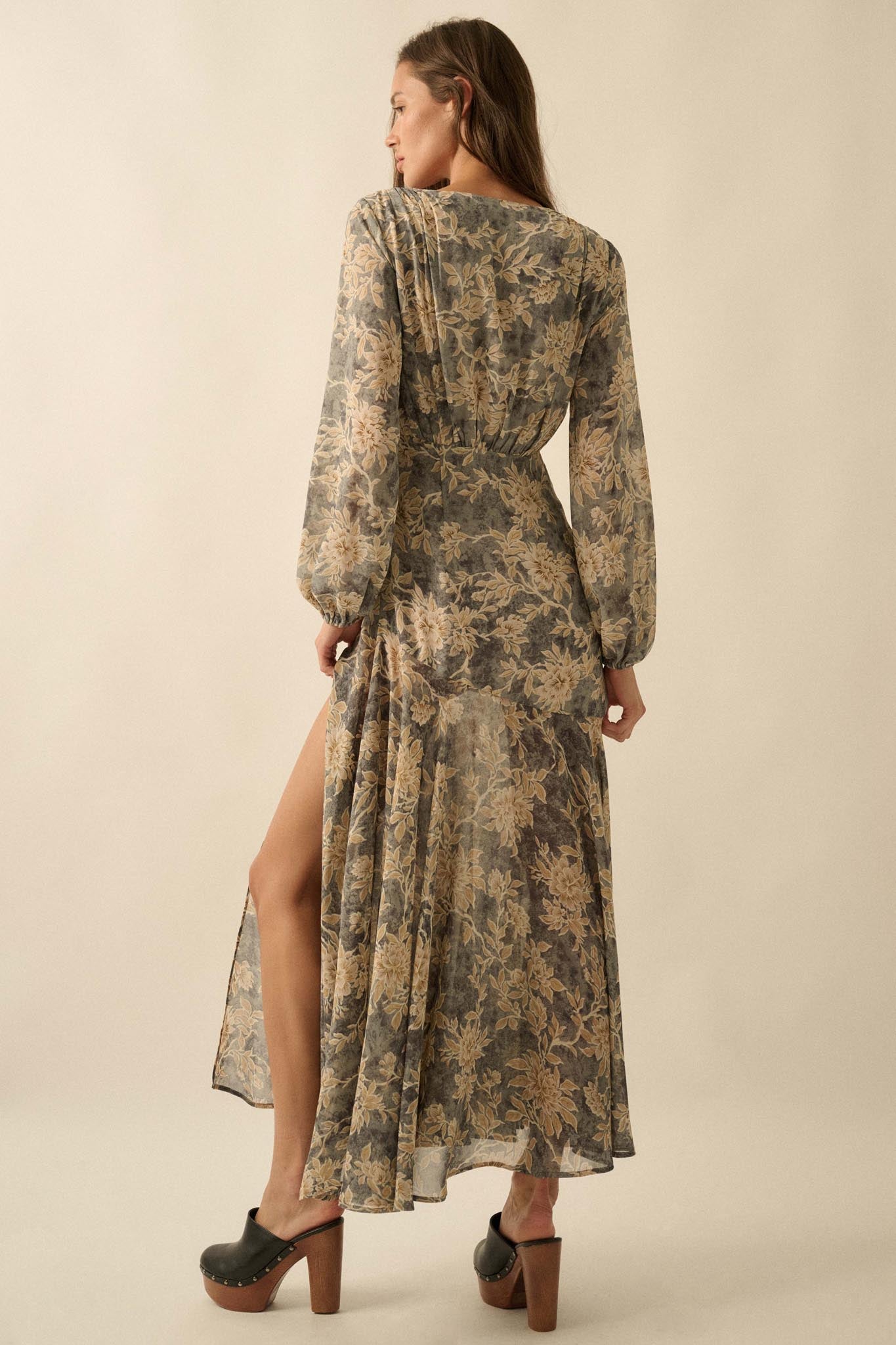 Treasured Beauty Floral Chiffon V-Neck Maxi Dress