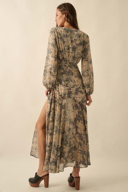 Treasured Beauty Floral Chiffon V-Neck Maxi Dress