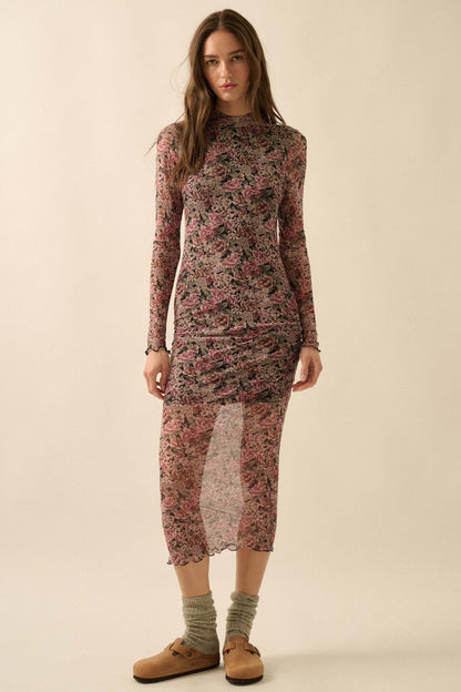 Wine and Roses Floral Mesh Mock-Neck Midi Dress