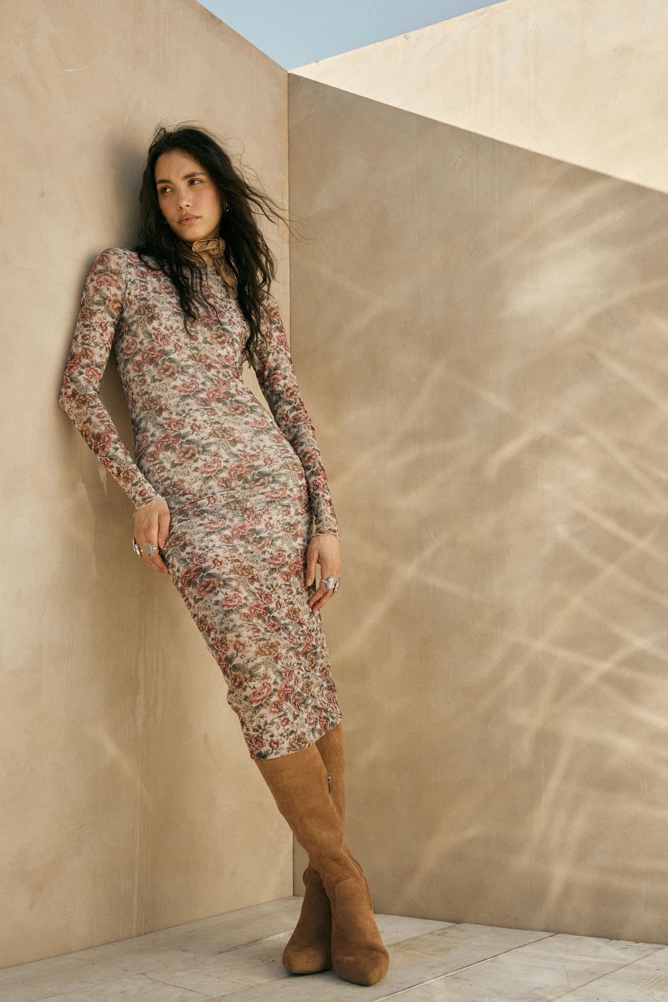 Wine and Roses Floral Mesh Mock-Neck Midi Dress