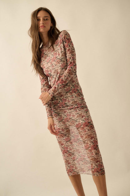 Wine and Roses Floral Mesh Mock-Neck Midi Dress