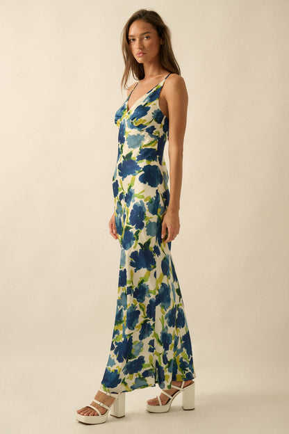 Watercolor Blossoms Floral Crepe Maxi Slip Dress