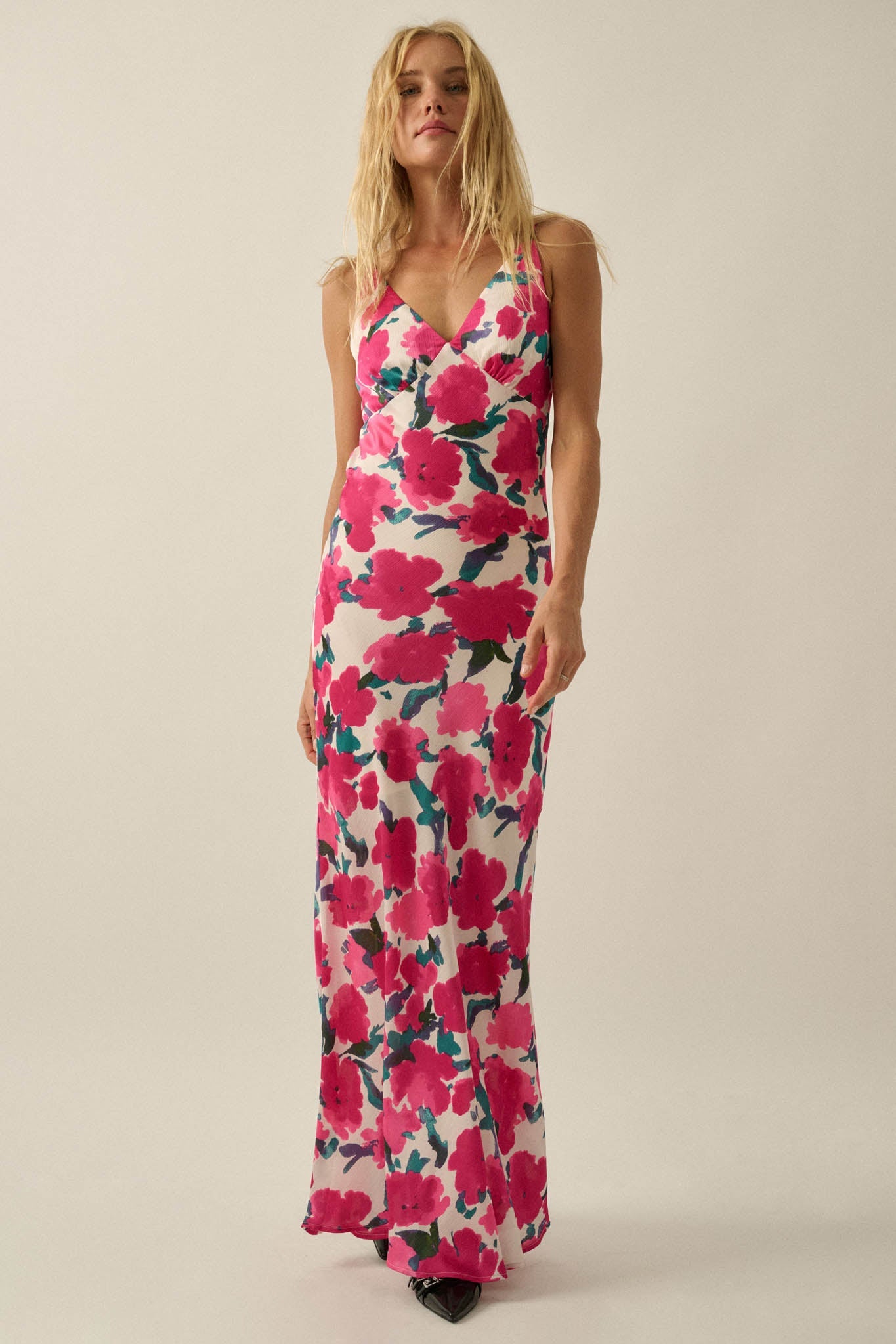 Watercolor Blossoms Floral Crepe Maxi Slip Dress