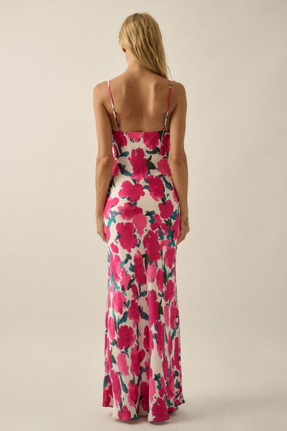 Watercolor Blossoms Floral Crepe Maxi Slip Dress