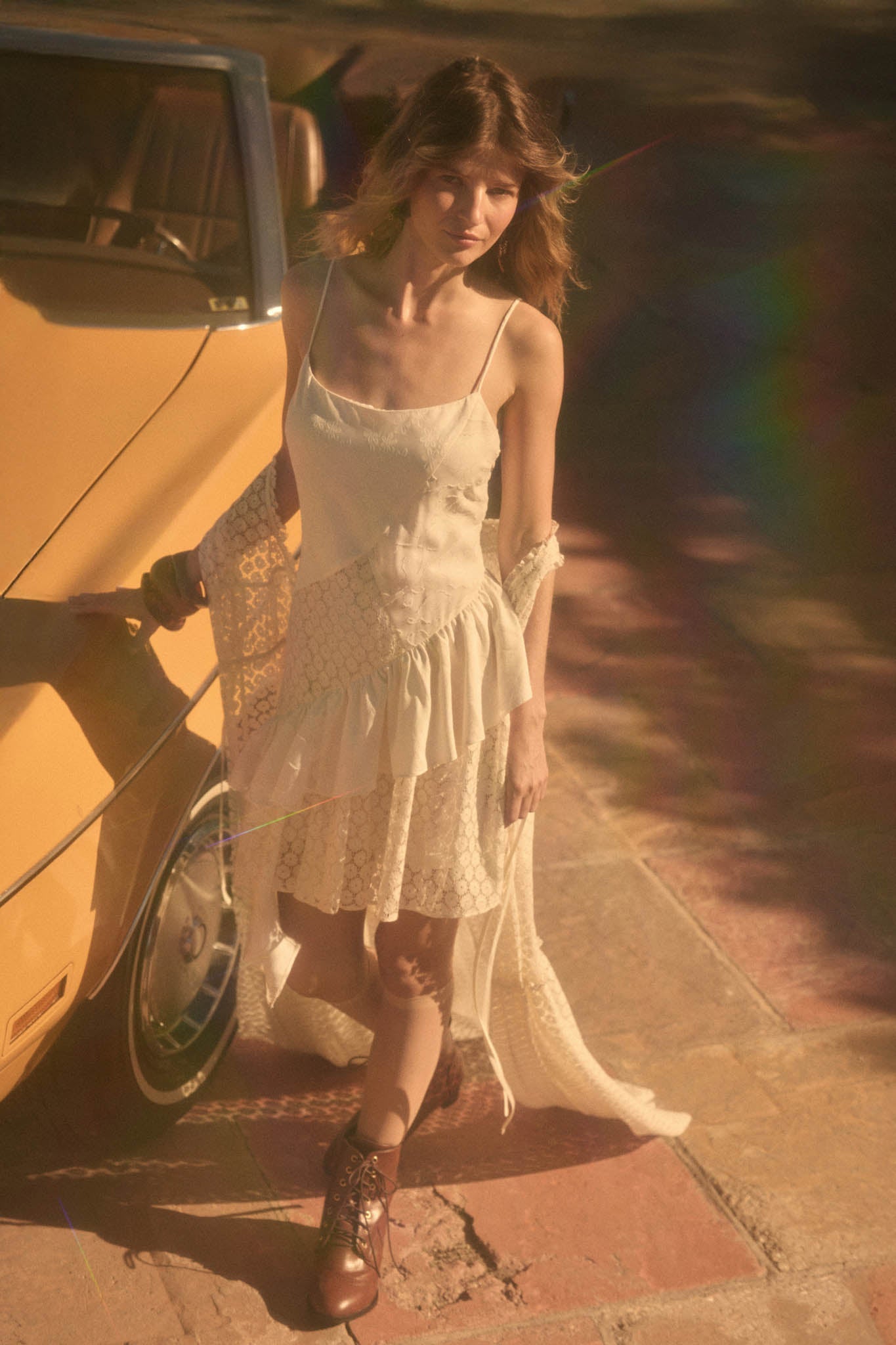 Sun City Crochet Lace Mixed Media Ruffle Mini Dress