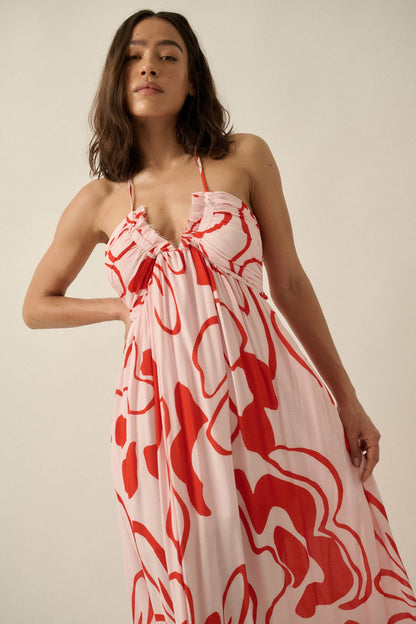Tropical Blooms Abstract-Floral Halter Maxi Dress