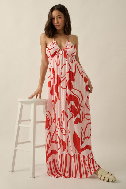 Tropical Blooms Abstract-Floral Halter Maxi Dress