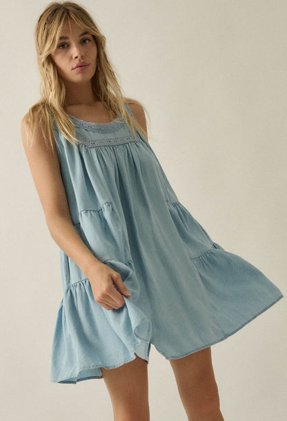 Wind Catcher Lace-Trim Denim Tiered Babydoll Romper