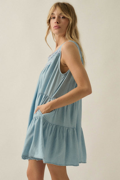 Wind Catcher Lace-Trim Denim Tiered Babydoll Romper