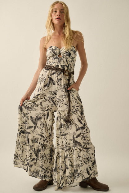 Sultry Season Tropical Strapless Wide-Leg Jumpsuit