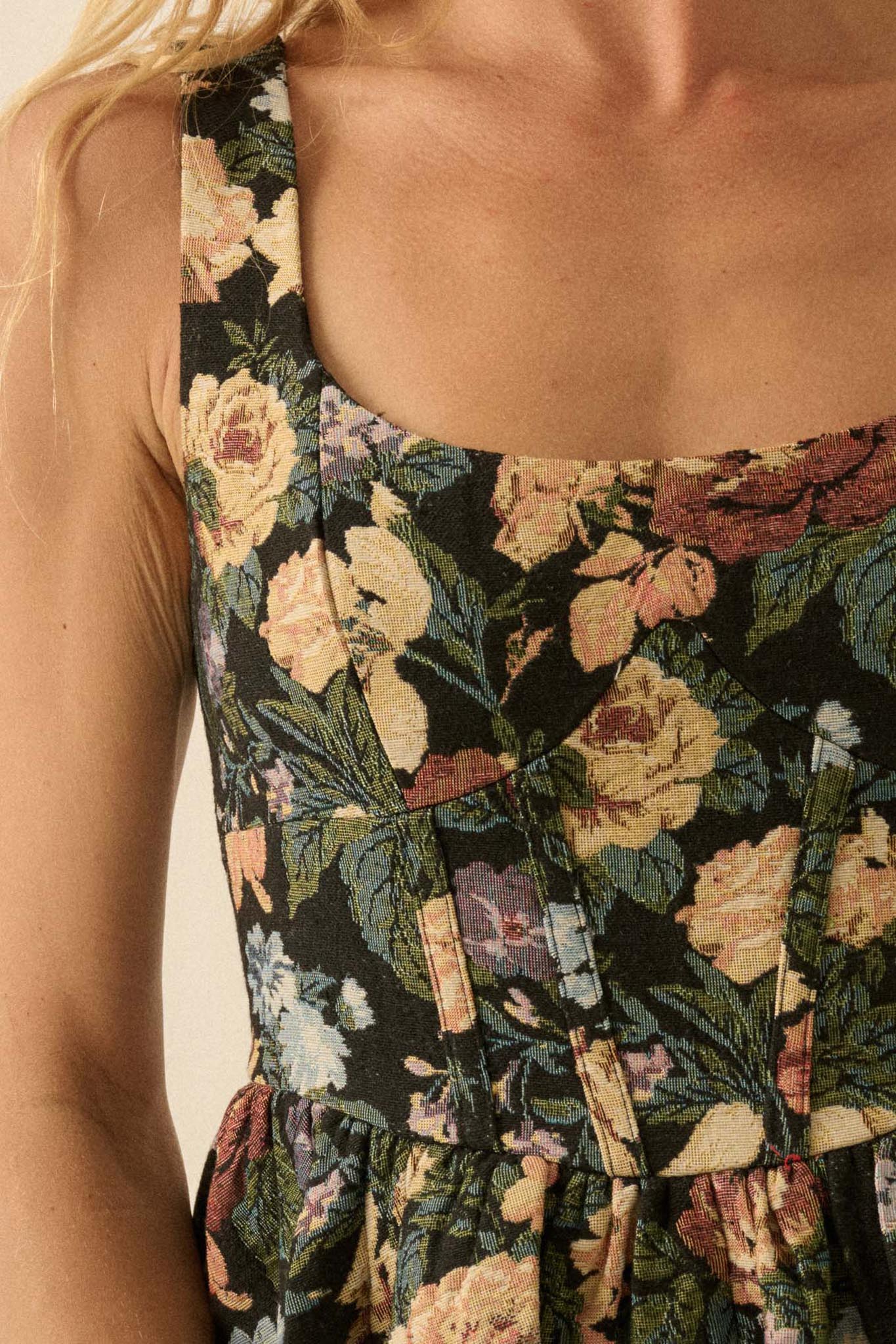 Weaving Blooms Floral Tapestry Corset Romper Dress