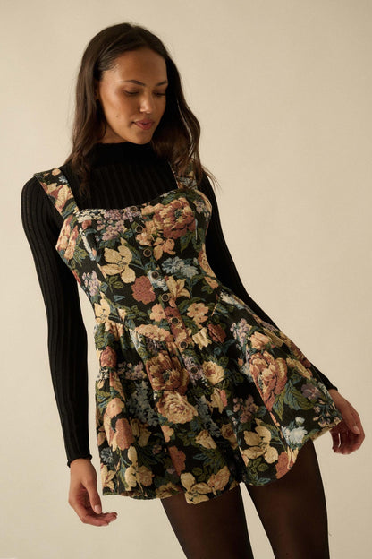 Stitched Garden Floral Tapestry Ruffle Romper Dress