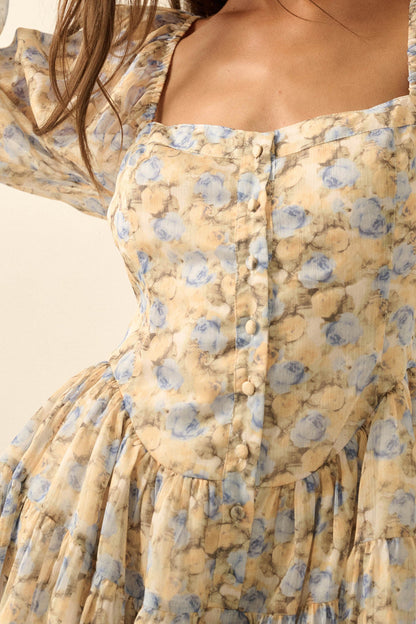 Sunlit Kiss Floral Chiffon Tiered Ruffle Romper