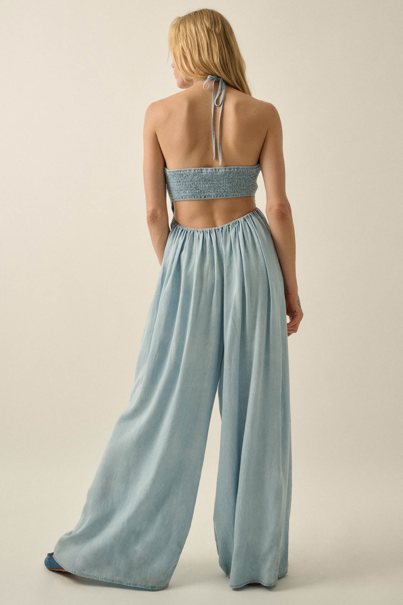 Summer Skies Denim Wide-Leg Halter Jumpsuit