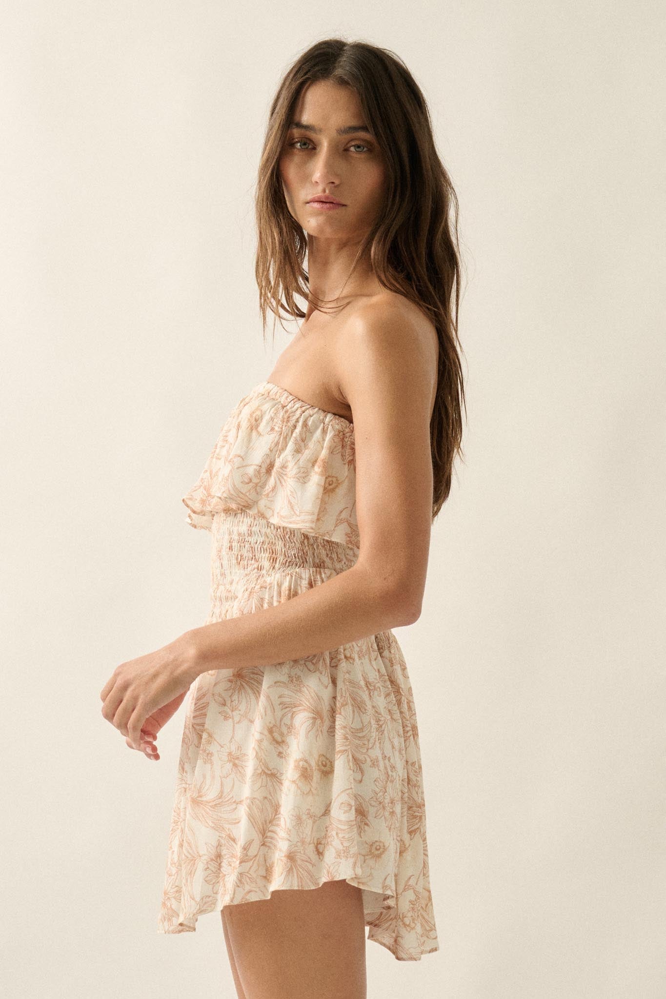 Truly Cherished Floral Strapless Flounce Romper