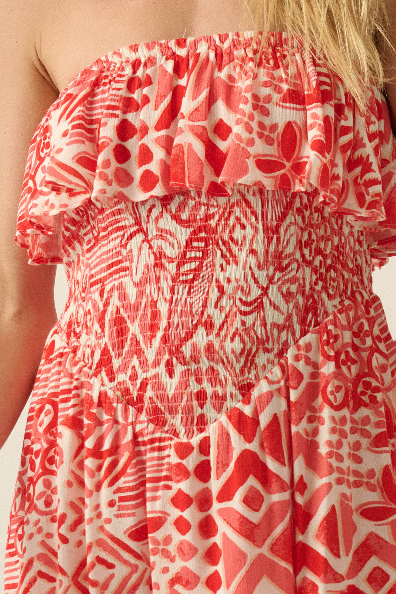 Voyaging Soul Batik-Print Strapless Flounce Romper