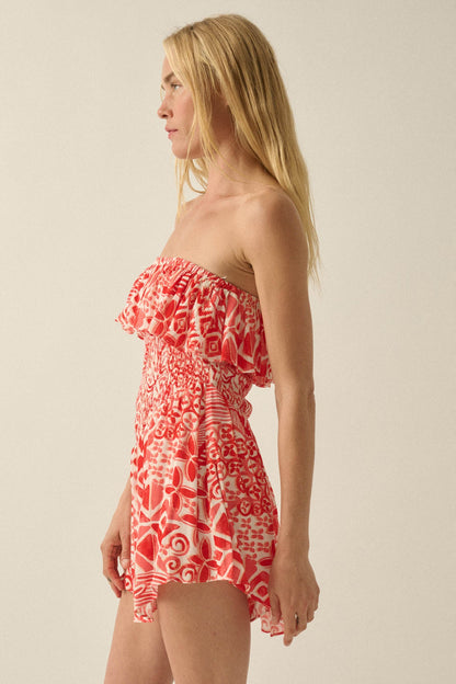 Voyaging Soul Batik-Print Strapless Flounce Romper